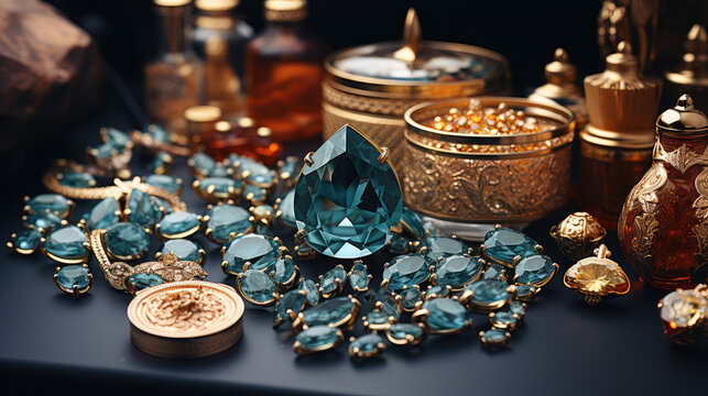 Fictional Luxurious Jewelry arranged on a table