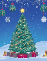 Christmas tree with star. Merry Christmas and Happy New Year. light garlands, bauble ball, Gift box, surprise gifts, gold confetti. Cute Cartoon