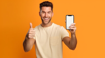 Handsome Excited Man Showing Pointing At Empty Smartphone Screen .