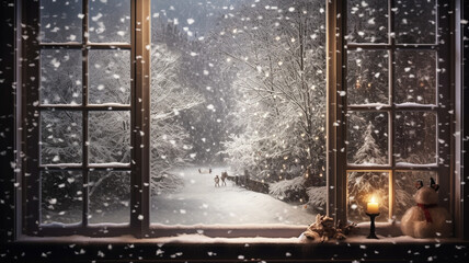 Winter environment with snow through the window. AI generated