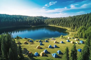 Drone view with landscape and nature of tents camping area at lake in background of summer green forest. outside concept for holidays and travel. - obrazy, fototapety, plakaty