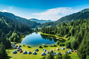 Drone view with landscape and nature of tents camping area at lake in background of summer green forest. outside concept for holidays and travel. - obrazy, fototapety, plakaty