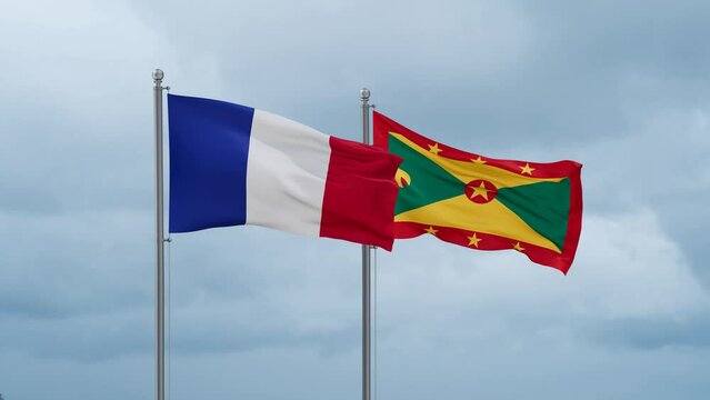 Grenada flag and France flag waving together on cloudy sky, endless seamless loop, two country relations concept