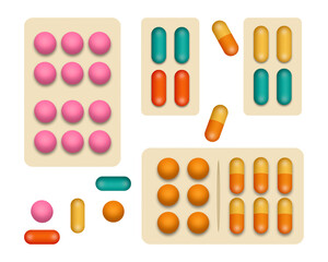 set of tablets and capsules cold in medicine blisters, variety of colors and shapes, realistic drawing png