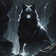 Mystical Black Wolf against the backdrop of a waterfall