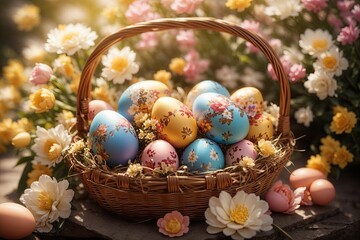 Fototapeta na wymiar easter eggs in a basket with flowers. ai generative