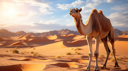 Saharan Serenity. A Camel in a desert. Generative A