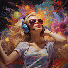 woman listening and dancing to music with headphone melody flow dj club - by generative ai