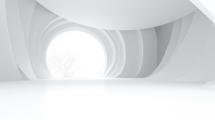Abstract white interior of round shapes with bush. AI generation 