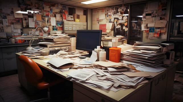 Workspace Chaos, Office Disarray, a Messy Office Workstation, Generative AI