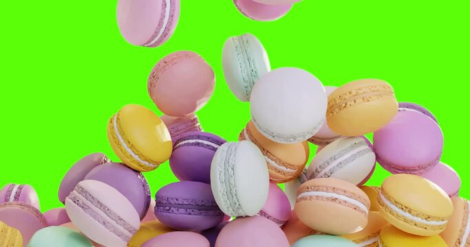 3d rendering mockup of a bunch of falling macaroons.  A multicolored dessert fills the screen. Green chromakey and neutral background