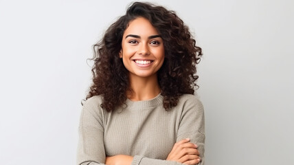 Young Brazilian woman cross arms isolated background looking to the side and smiling - obrazy, fototapety, plakaty