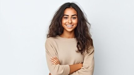 Fototapeta premium Young Brazilian woman cross arms isolated background looking to the side and smiling