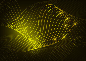 Digital technology neon light line dark yellow wave background