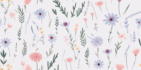 Colorful flower seamless pattern illustration. Children style floral doodle background, funny basic nature shapes wallpaper.