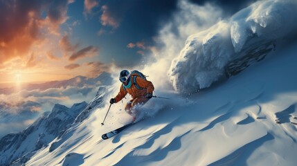 Naklejka na ściany i meble Winter atmospheric landscape with frost-covered,Skiing. Snowboarding, Generative AI