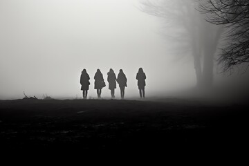 Amidst a thick fog, five silhouettes make their way home after school. One figure lags slightly behind, separated from the group, creating a palpable sense of isolation.  - obrazy, fototapety, plakaty