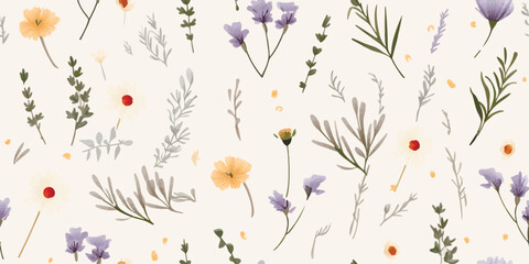 Colorful flower seamless pattern illustration. Children style floral doodle background, funny basic nature shapes wallpaper. - obrazy, fototapety, plakaty