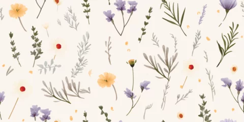Fotobehang Colorful flower seamless pattern illustration. Children style floral doodle background, funny basic nature shapes wallpaper. © Eli Berr