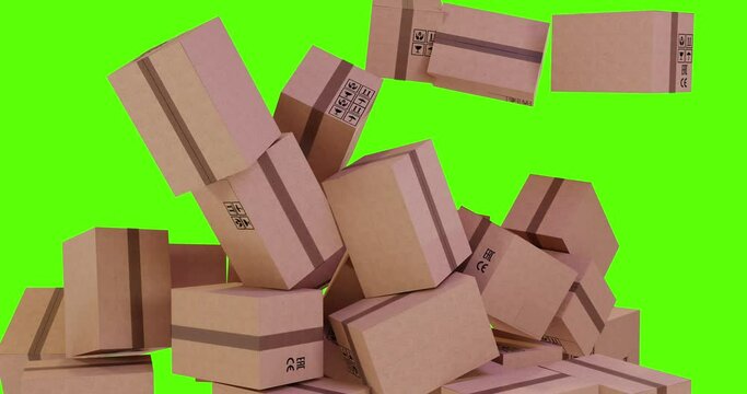 3d animation of falling boxes with gifts, purchases, orders filling the entire screen. Concept delivery, large volume of work, system failure, consumption, distribution, production, supply, sales, tra