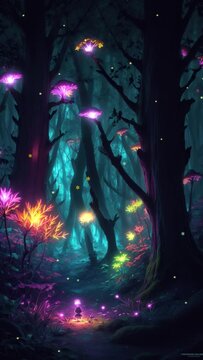 Spooky forest background with illuminated Halloween trees