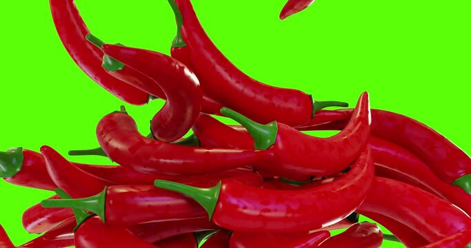 3d chili pepper drops fills the screen. Fresh juicy vegetable fills the screen completely. Green chromakey and neutral background