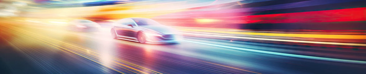 Tuinposter Under the night sky, a sleek sports car speeds along a racetrack. © Lidok_L