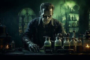 Frankenstein Monster, the Halloween Menace, Monstrous Creation in a Nightmarish Halloween Environment - obrazy, fototapety, plakaty