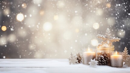 Fototapeta na wymiar Christmas decorations candles, snowy backgroundai generated Christmas background illustration