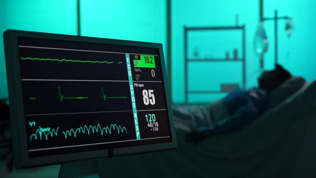 Close-up video capturing intencive care unit showing heart and pressure rate drop. Blurred silhouette of a patient dying on the background. Nurse comes into the ward and gives an injection.