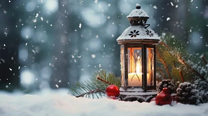 Fotobehang Christmas lantern snowy decorations ai generated Christmas background illustration © Gulafshan