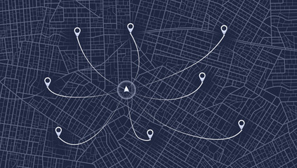 Multiple destinations. Map city with gps pins. Alternative way with location system. Urban map with pointers. Black background, information pointers, signs, arrows. Vector illustration.