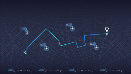 Location tracks dashboard. Navigation for obtaining data on distance, turns of the path. Path from the point to the intended goal, several destinations, arrival point. Vector, illustration. Abstract