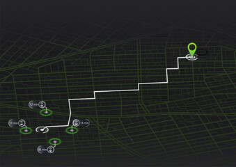 Location tracks dashboard. Navigation for obtaining data on distance, turns of the path. Path from the point to the intended goal, several types of transport to the arrival point. Vector, Isometric