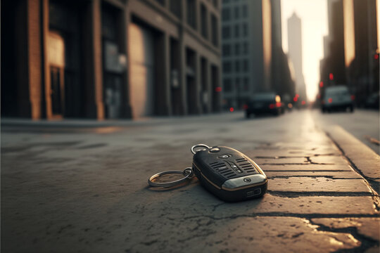 abstract lost car keys fall lying on the street concrete cement ground roadway.