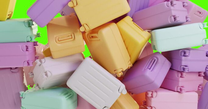 3d render of a pile of placers of bright suitcases. Suitcases fall and fill the entire screen. The concept of baggage claim, travel. Green mockup background for travel agencies, holiday organizer