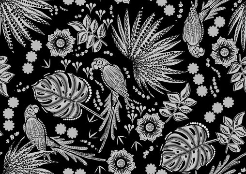 estampa com padronagens de folhas e p&aacute;ssaros em preto e branco para t&ecirc;xteis