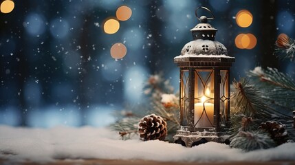 Christmas lantern snowy decorations ai generated Christmas background illustration - obrazy, fototapety, plakaty