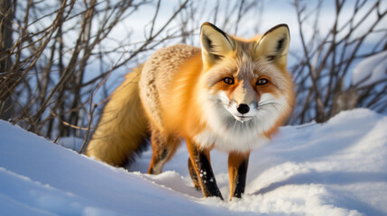 jeune renard en hiver dans un décor de neige