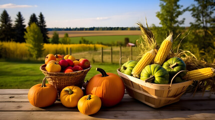 Thanksgiving autumn Pumpkins and vegetable on a wooden table with vibrant autumn background with tries, fields and blue sky