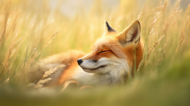 jeune renard en train de dormir dans les hautes herbes de la prairie