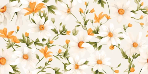 Foto op Canvas Chamomile flowers seamless pattern. Hand drawn white flowers with stems on pastel green background. Big cute flowers allover print © Eli Berr
