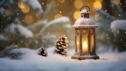 Fotobehang Christmas lantern snowy decorations ai generated Christmas background illustration © moon