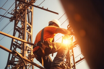 Electrical worker working on a high voltage power pole - obrazy, fototapety, plakaty