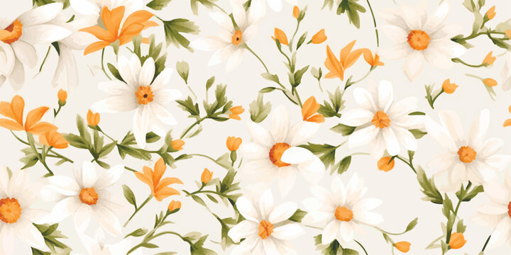 Chamomile flowers seamless pattern. Hand drawn white flowers with stems on pastel green background. Big cute flowers allover print