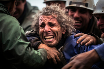 An Image Capturing the Dramatic Emotion of Relief as a Tearful Survivor Escapes Panic and Gratefully Embraces the Rescuers. Moments of Pain. Flood Survivor