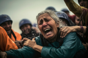 Fototapeta premium An Image Capturing the Dramatic Emotion of Relief as a Tearful Survivor Escapes Panic and Gratefully Embraces the Rescuers. Moments of Pain. Flood Survivor