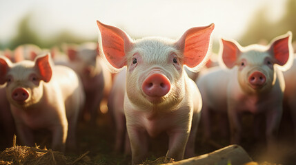 Ecological cute pigs and piglets at the domestic farm, Pigs at factory - obrazy, fototapety, plakaty