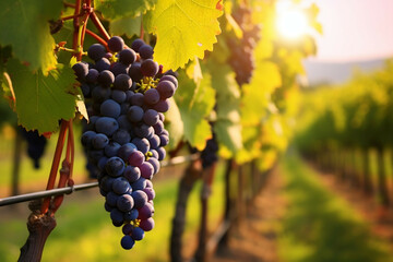 Ripe black grapes in vineyard on sunny day, closeup.Grapes in the vineyard, healthy organic fruit, organic farm concept. - obrazy, fototapety, plakaty