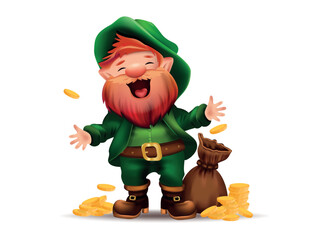 Happy St. Patrick's Day. Funny jolly gnome St. Patrick in green suit with bag of gold. Cartoon vector illustration for holiday, design, collage, print, stickers, postcards. 